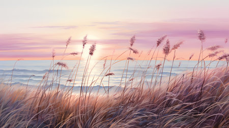 Foggy meadow with wild grasses at sunset. 3D renderingの素材