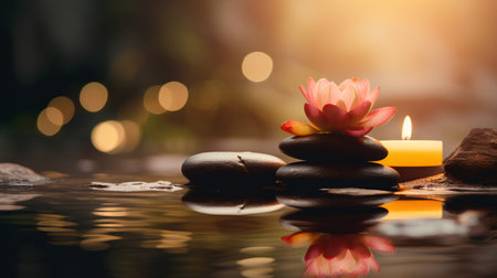 Spa still life with water lily flower, candles and zen stonesの素材