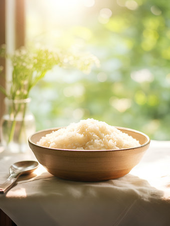 Rice in a wooden bowl on a table with a blurred backgroundの素材