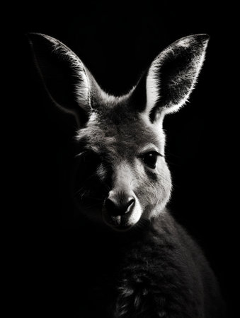 Portrait of a kangaroo on a dark background, black and whiteの素材