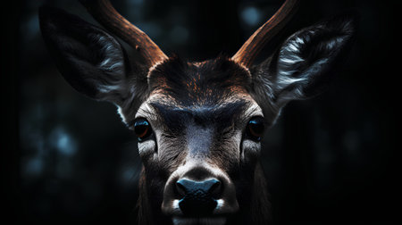 Close-up portrait of a deer with big horns on a dark backgroundの素材