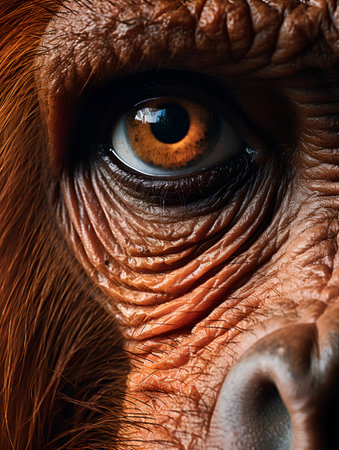 Close up of an orangutan's eye. Portrait of a monkey.の素材