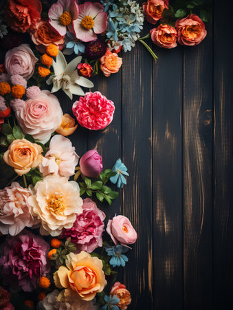 Beautiful flowers on dark wooden background. Flat lay, top viewの素材