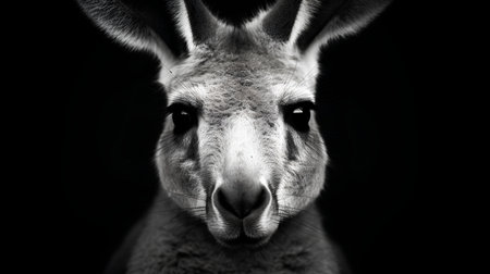 Portrait of a kangaroo on a black background, monochromeの素材