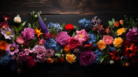 Beautiful bouquet of spring flowers on a dark wooden background.の素材