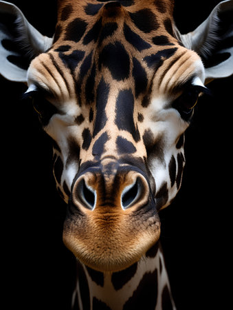 Portrait of giraffe isolated on black background, clipping path includedの素材