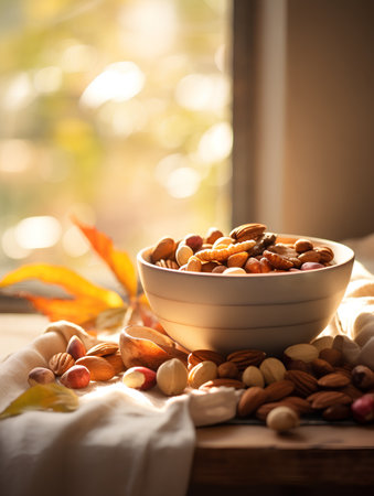 Almond nuts in a bowl on a wooden table with autumn leavesの素材