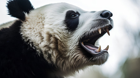 Portrait of a giant panda bear with open mouth showing teethの素材