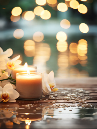 Beautiful spa composition with burning candle on blurred bokeh backgroundの素材