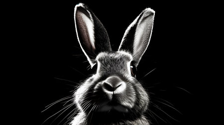 Rabbit on a black background. Black and white image of a rabbit.の素材