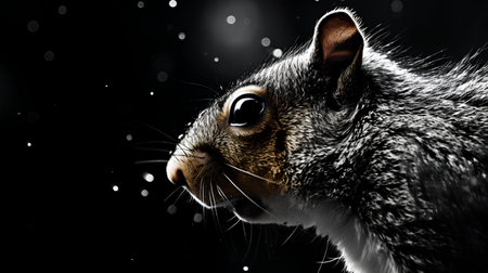 Portrait of a grey squirrel on a black background with falling snowの素材