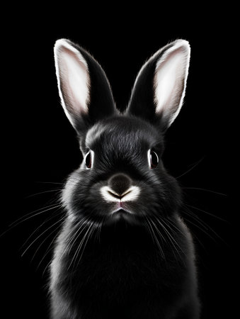 Portrait of cute black rabbit isolated on black background, square imageの素材