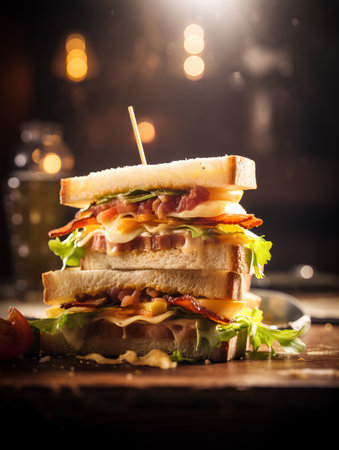 Sandwich with bacon, cheese, lettuce and tomato on wooden backgroundの素材