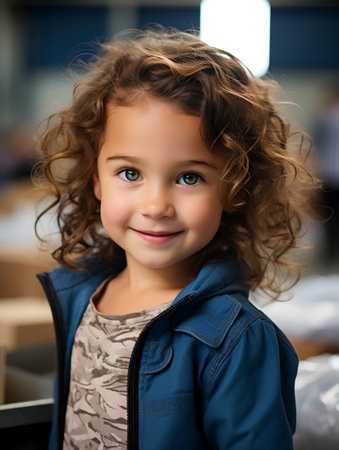Portrait of a cute little girl with curly hair in a blue jacketの素材