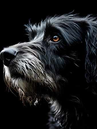 Portrait of a black dog on a black background. Studio shot.の素材