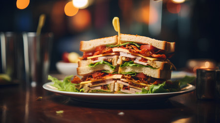 Sandwich with ham, cheese and vegetables on a wooden table.の素材