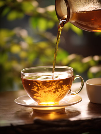 Tea pouring into a cup on a wooden table in the garden.の素材