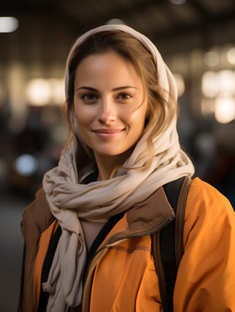 Portrait of a beautiful young woman in an orange jacket and scarf.の素材