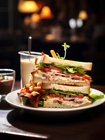 sandwich with ham, cheese and vegetables on a table in a restaurantの素材