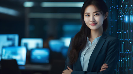 Portrait of young asian businesswoman in modern office with digital backgroundの素材