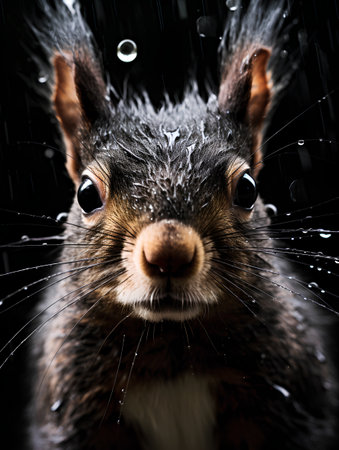 Portrait of a red squirrel on a black background with water dropsの素材