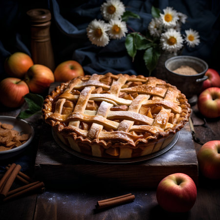 Homemade apple pie on rustic wooden background. Selective focus.の素材