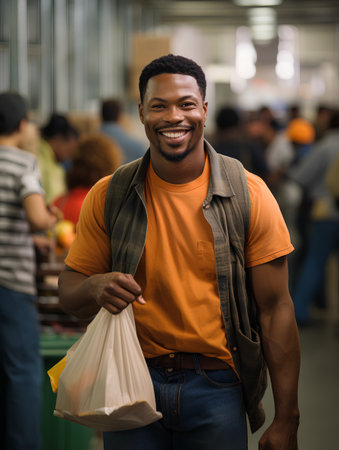Portrait of happy african american man holding shopping bags in supermarketの素材