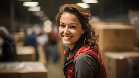 Portrait of a smiling young female warehouse worker standing in warehouse.の素材
