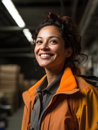 portrait of smiling female warehouse worker looking at camera in storage warehouseの素材