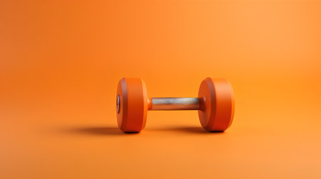 Orange dumbbell isolated on orange background. 3d render illustration.の素材