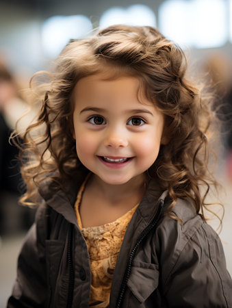 beautiful little girl with curly hair in winter jacket at shopping mallの素材