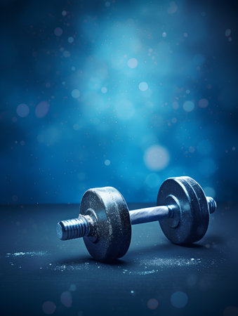 Dumbbells on dark background with bokeh effect. 3d illustrationの素材