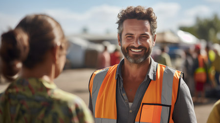 Portrait of a smiling man standing with a woman in the backgroundの素材