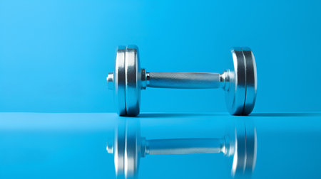 Fitness dumbbell on blue background. 3d render illustration.の素材