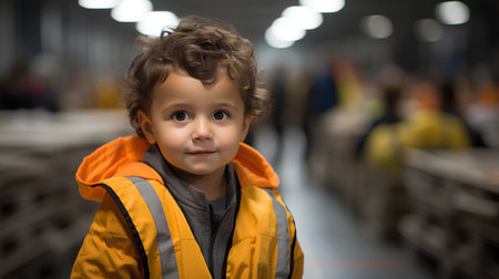 Portrait of a little boy in a yellow jacket in a warehouseの素材