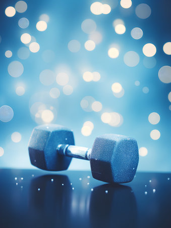 Dumbbells on blue bokeh background. Sport and fitness background.の素材