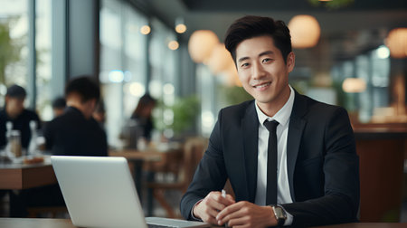 Portrait of young handsome asian businessman sitting in cafe and using laptop.の素材