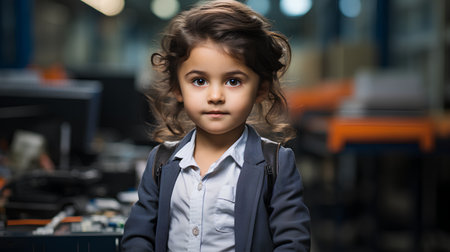 Portrait of a little girl with curly hair in a business suit.の素材