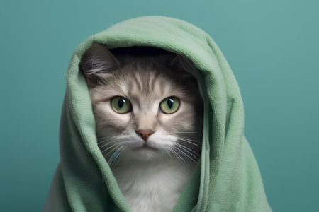 Portrait of a cat covered with a green blanket on a green backgroundの素材