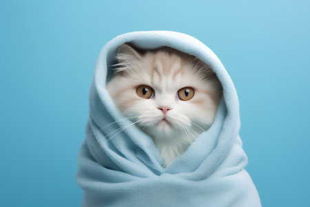 Portrait of a persian cat wrapped in a blue blanket. Blue background.の素材