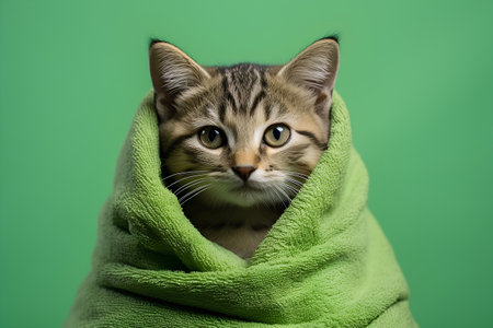 Cute tabby kitten wrapped in green towel over green background.の素材