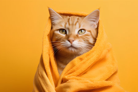Cute ginger cat wrapped in a yellow towel isolated on orange backgroundの素材