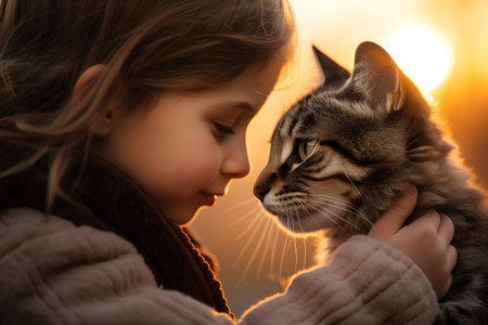 Cute little girl holding a cat in her arms at sunset.の素材