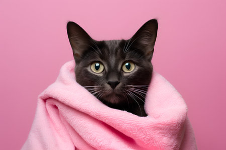 Cute black cat wrapped in pink towel looking at camera, isolated on pink backgroundの素材