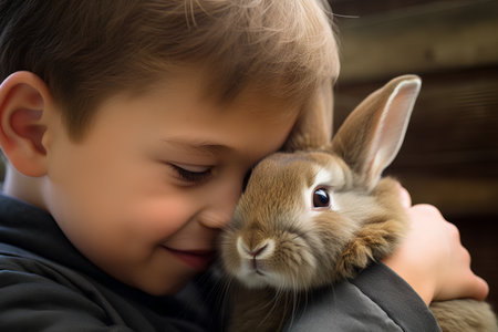 Cute little boy holding a rabbit in his arms. Close-up.の素材