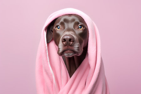 Cute chocolate labrador retriever dog with pink towel isolated on pink backgroundの素材