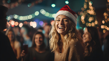 Portrait of a beautiful young woman in a santa hat on a partyの素材