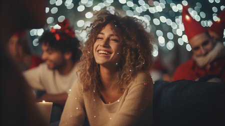Portrait of a beautiful young woman with curly hair smiling and looking at the camera while her friends are sitting in the backgroundの素材