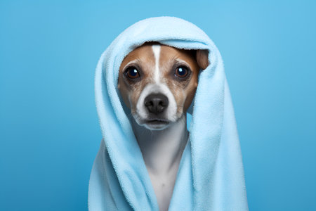Funny dog with a towel on his head on a blue backgroundの素材