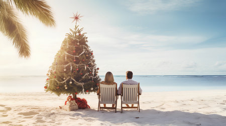 Couple sitting on beach chairs and looking at christmas tree.の素材